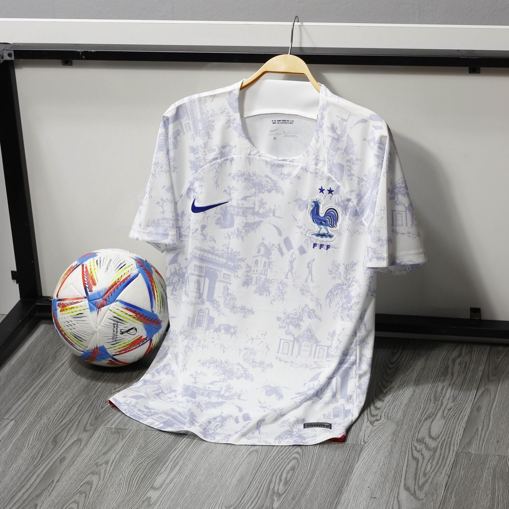 Áo tuyển Pháp sân khách Leaguestore 22/23 - bộ quần áo đá bóng màu trắng họa tiết vải dệt mịn form âu