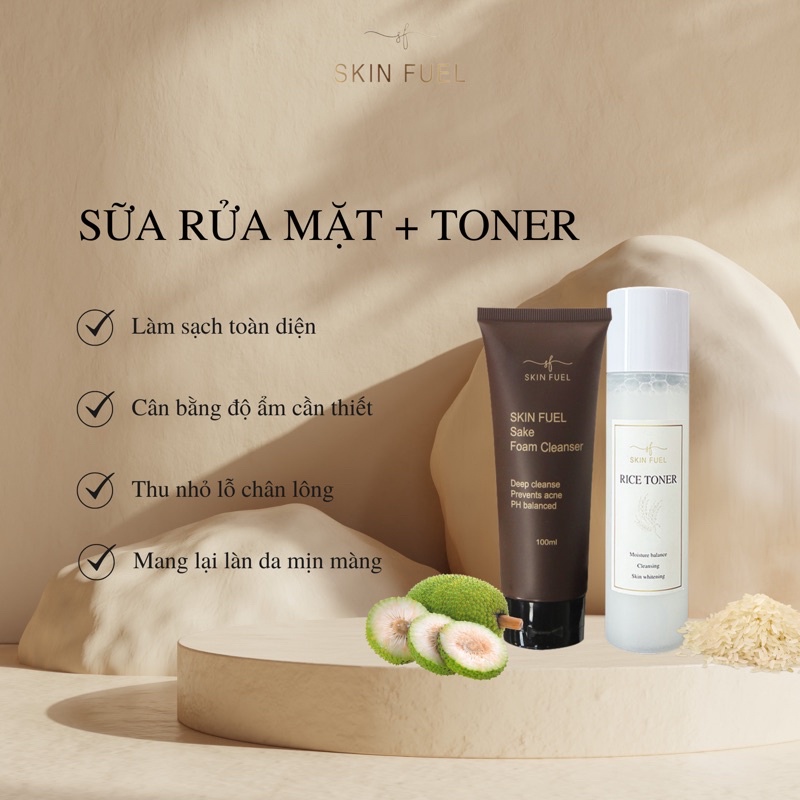 COMBO sữa rửa mặt + nước hoa hồng gạo SKIN FUEL