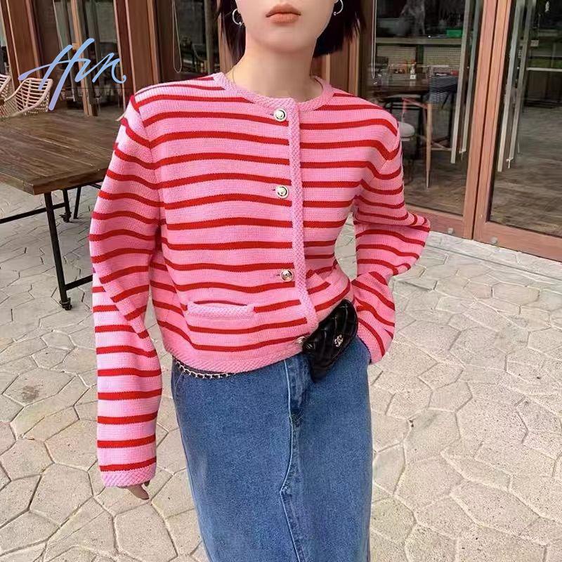 Áo Khoác Cardigan Dệt Kim Dáng Rộng Cổ Tròn Kẻ Sọc Màu Tương Phản Kiểu Pháp Thời Trang Mùa Thu Cho Nữ