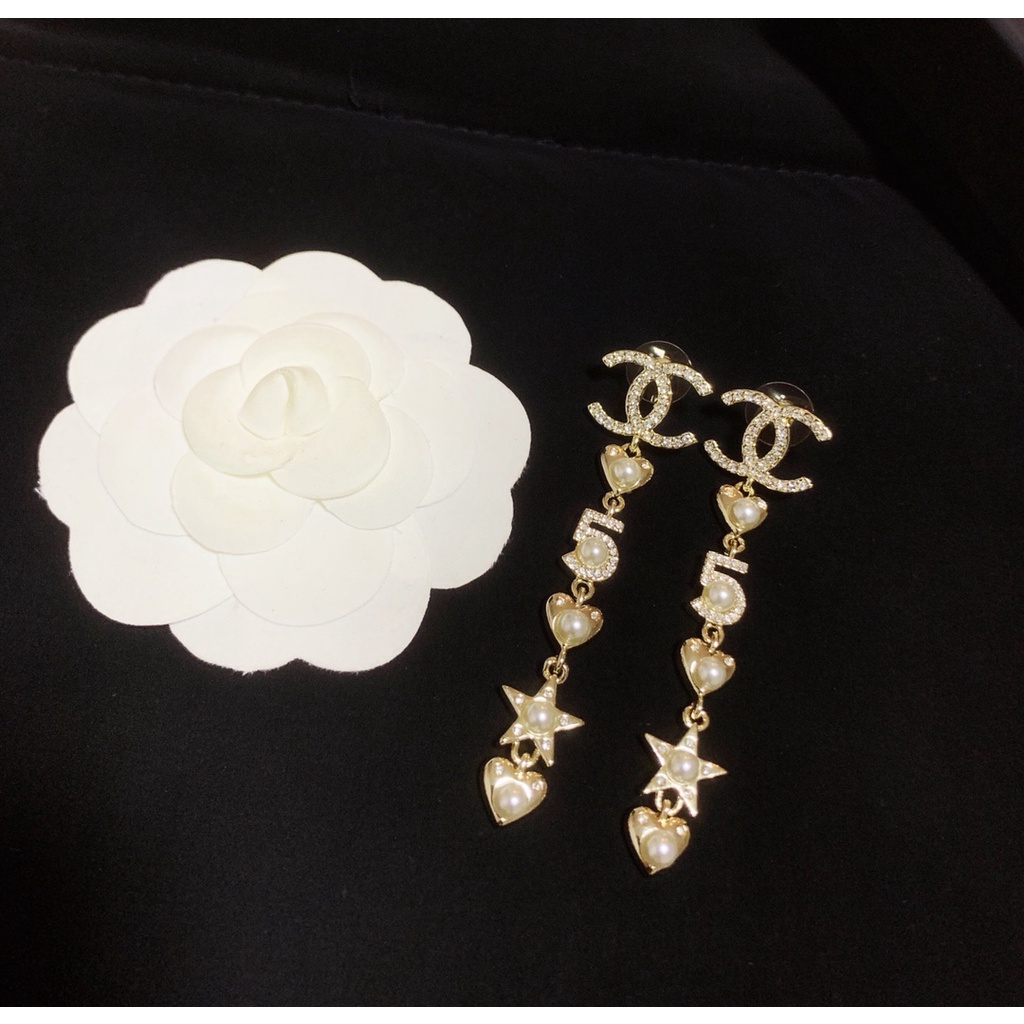 Bông Tai Mạ Bạc 925 Hình Chữ C / Ngôi Sao / Trái Tim Năm Cánh Đính Ngọc Trai Thời Trang