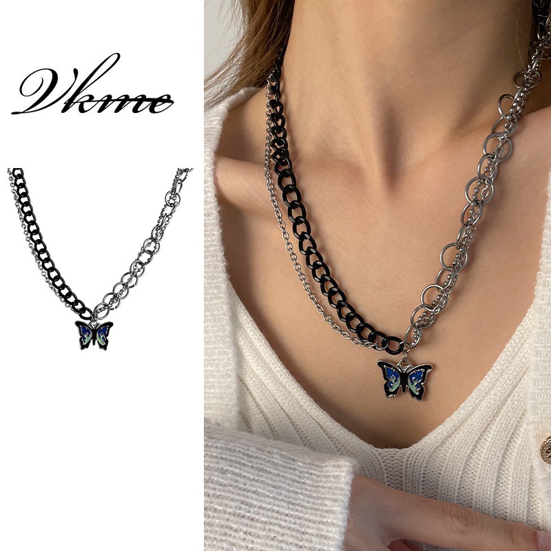 VKME Minority Design Blue Flame Butterfly Necklace Hip Hop Hot Girl Black Chain Superior Sense Sweater Chain