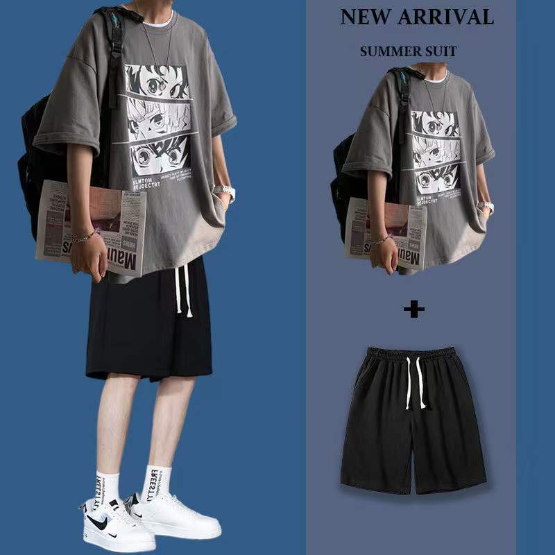Set Áo Thun Ngắn Tay plus Size + Quần Short Jeans Ống Rộng Thời Trang Mùa Hè Cho Nam