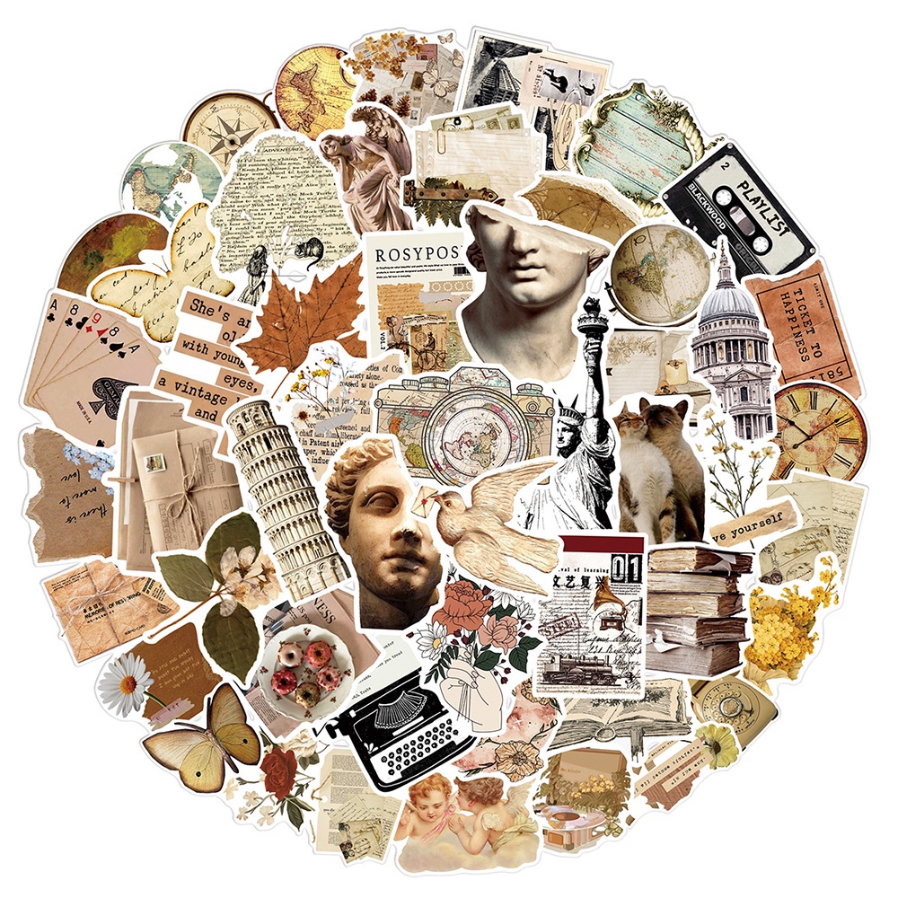 Combo 50 Sticker RETRO CHÂU ÂU THẦN THOẠI hình dán chống nước dán mũ bảo hiểm, laptop, vali, điện thoại