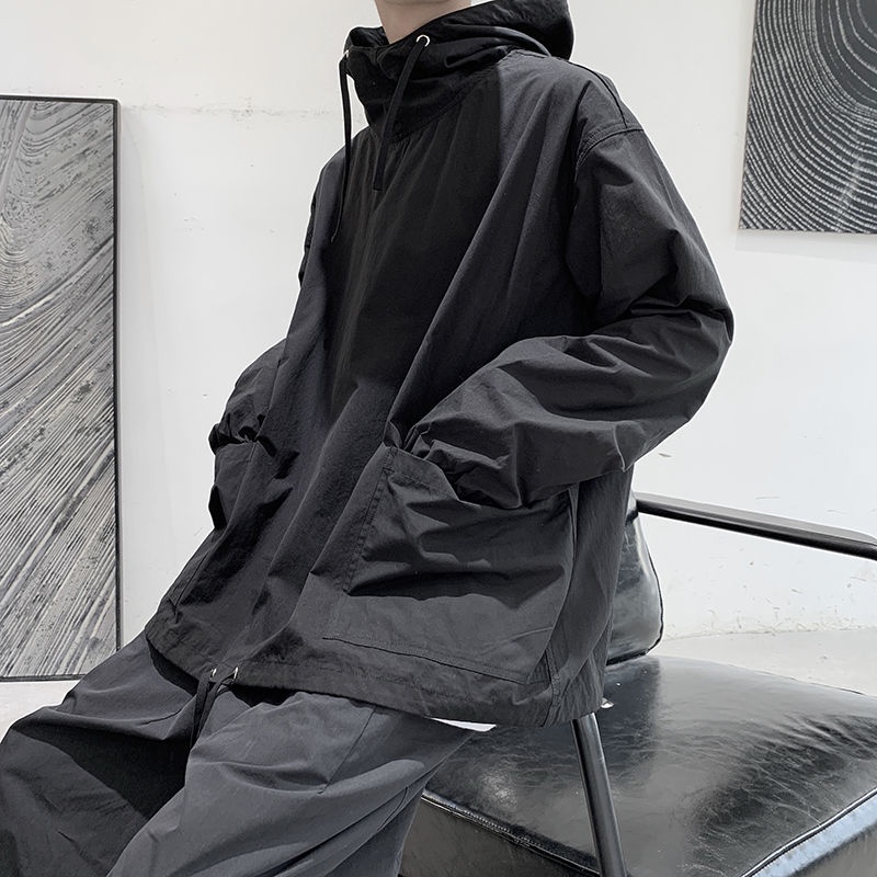 Áo khoác bomber nam nỉ áo khoác dù gió  Áo Khoác Hoodie Chui Đầu Dáng Rộng Màu Trơn Phối Dây Rút Kiểu Nhật Bản Thời Trang Xuân Thu Cho Nam