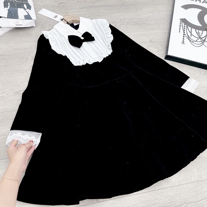 [ 𝐅𝐑𝐄𝐄 𝐒𝐇𝐈𝐏 ] Váy nhung tiểu thư nơ cổ siêu xinh Vải nhung cứng QC cao cấp, đuôi xoè rộng chuẩn mẫu,  khoá lưng dễ mặc