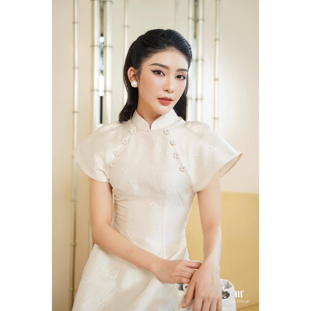 Áo dài cách tân Méo shop vải gấm thiết kế đính hoa cao cấp Châu Minh, chưa bao gồm quần