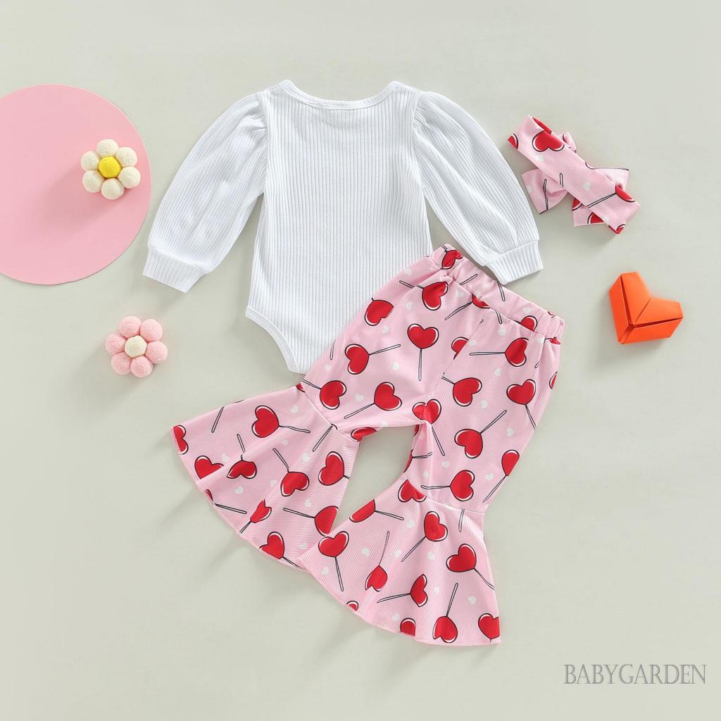 Bộ Áo Liền Quần Tay Dài In Chữ + Quần Dài Ống Loe In Họa Tiết Trái Tim Xinh Xắn Thời Trang Cho Bé Gái Từ 0-18 Tháng Tuổi