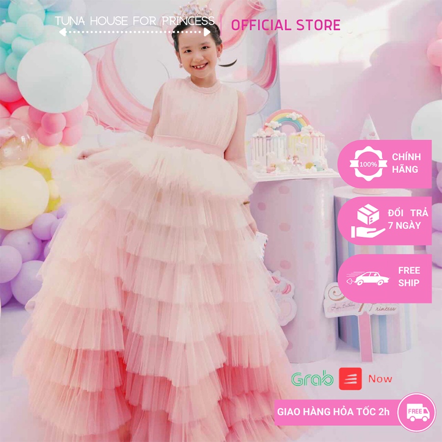 Váy đầm xoè công chúa thiết kế cho bé gái ngực yếm nhiều tầng hồng ombre - Tuna House For Princess