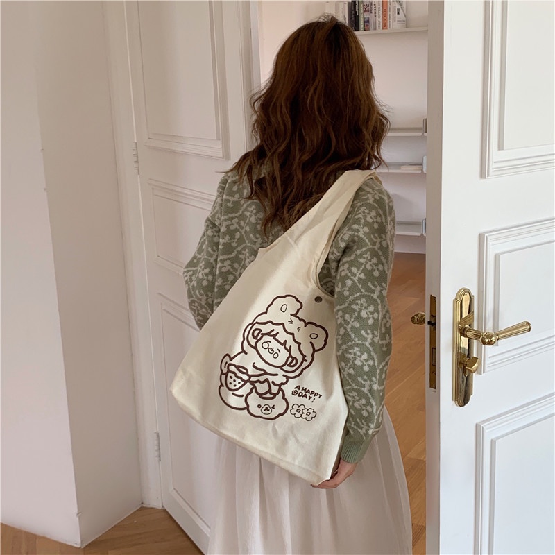Túi Xách canvas Cỡ Lớn In Họa Tiết Hoạt Hình Chú Gấu Dễ Thương Phong Cách Nhật Bản Cho Nữ