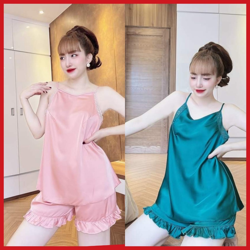 Đồ ngủ sexy nữ, bộ đùi nữ 2 dây phối ren, chất satin mát mịn - CN105