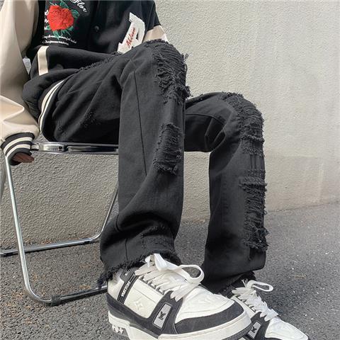 Quần Jean Dài Dáng Rộng Rách Gối Phong Cách Retro Đường Phố Mỹ Thời Trang Mùa Thu Cho Nam