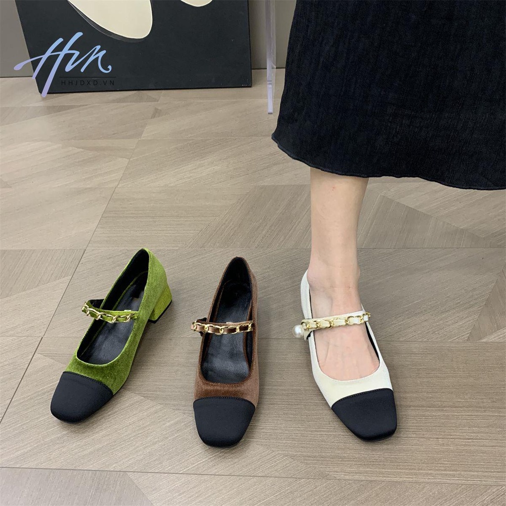 Giày Mary Jane Gót Vừa Phối Nhung Thời Trang Xuân Thu 2022 Mới Cho Nữ