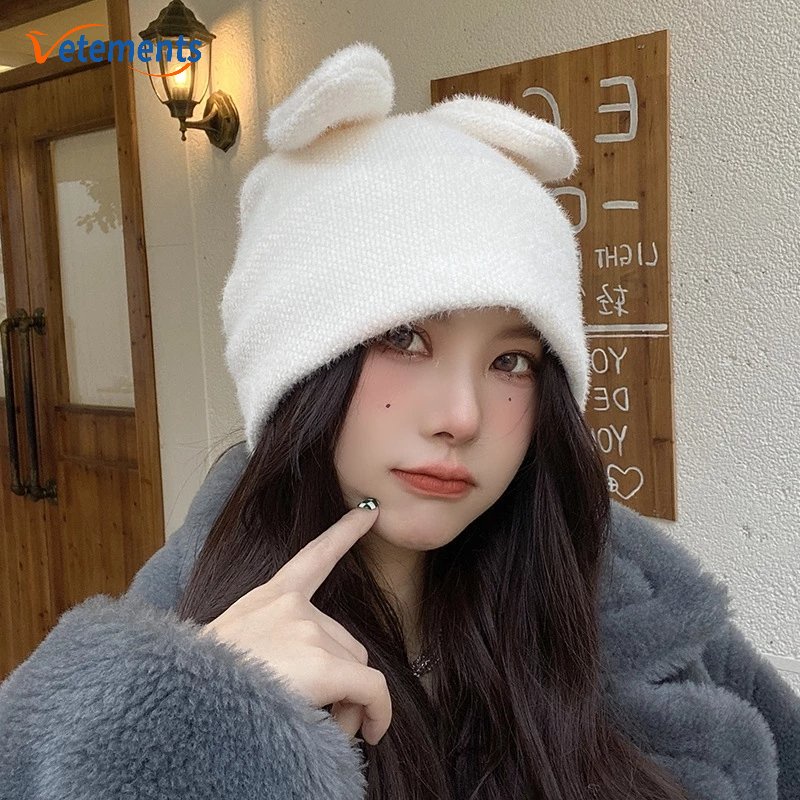 Mũ Len Dệt Kim Đính Tai Thỏ Dễ Thương Giữ Ấm Mùa Thu Đông