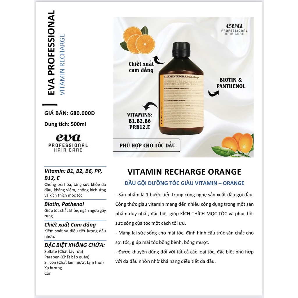 Dầu gội cho tóc dầu Eva Vitamin Recharge Orange 500ML