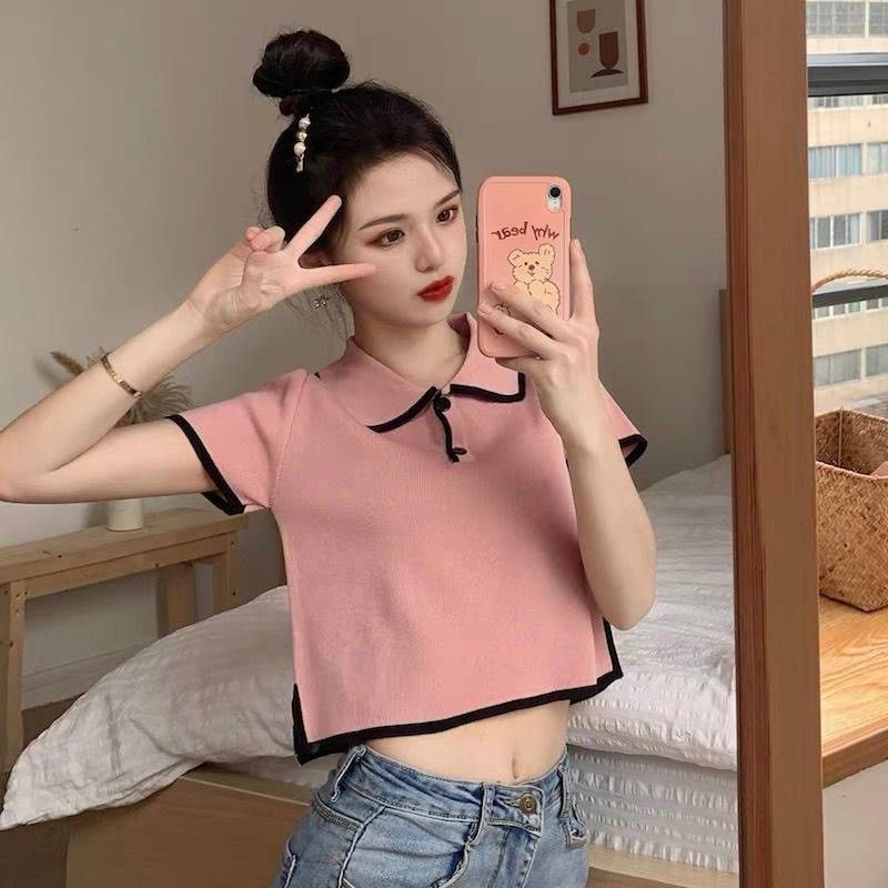 Áo thun Croptop kiểu xẻ tà - Áo sơ mi Polo dáng ngắn phong cách Hàn Quốc A51