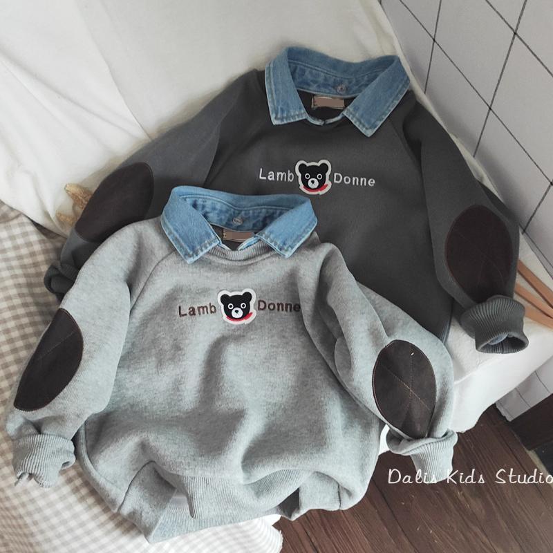 Áo Khoác Denim Phối Lông Cừu Giả Một Lớp Có Mũ Trùm Tháo Rời Được In Hoạt Hình Thời Trang Thu Đông Cho Bé Trai