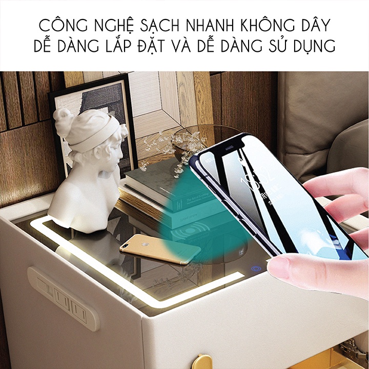 Tủ đầu giường kiêm két sắt, có đèn tích hợp sạc không dây và ổ cắm, tủ đầu giường đa chức năng, két sắt mini