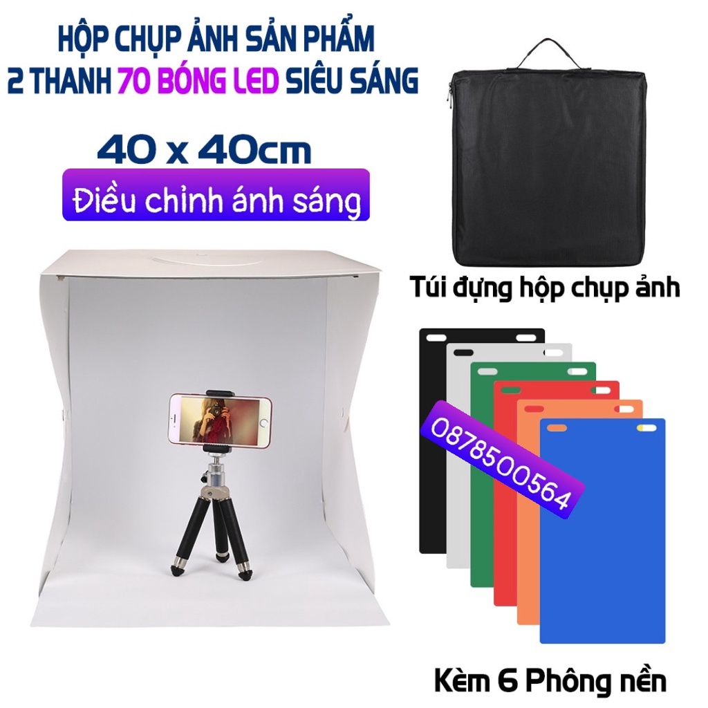 Hộp Chụp Hình Sản Phẩm 40x40cm 2 dãy đèn Led siêu sáng tặng kèm 6 nền_ bingo2020