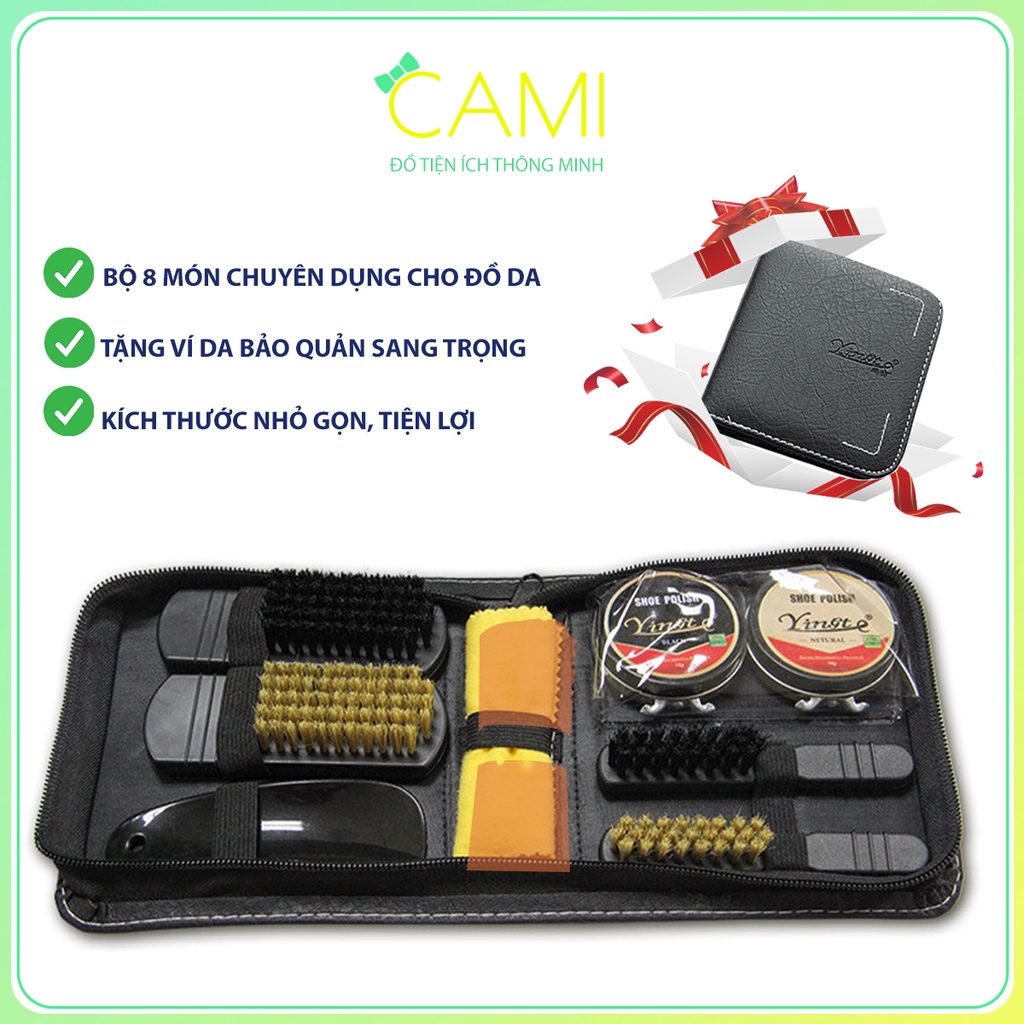 Bộ dụng cụ 8 món dùng cho vệ sinh, đánh giày dam túi da, có bao da bảo vệ, thuận tiện mang theo người - Cami - CMPK294