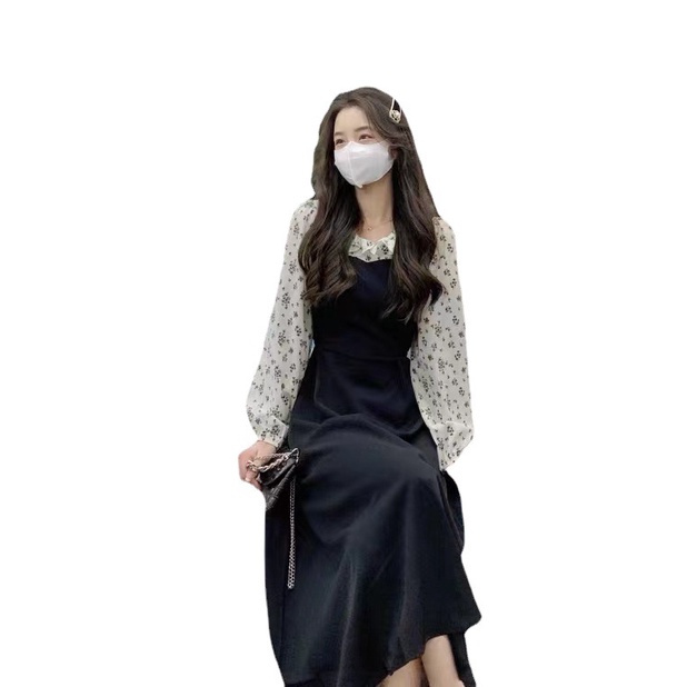 Đầm Dài Giả Hai Mảnh Tay Dài In Họa Tiết Hoa Phong Cách Pháp Thời Trang Mùa Thu 2022