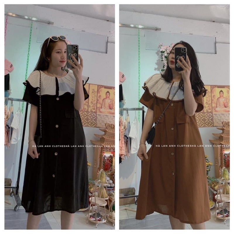 Váy bầu thiết kế công sở đen, nâu đầm bầu cổ xòe trẻ trung