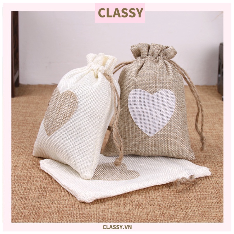 Classy Túi dây rút bằng vải lanh kích thước 10x14CM mặt trước in trái tim T1355