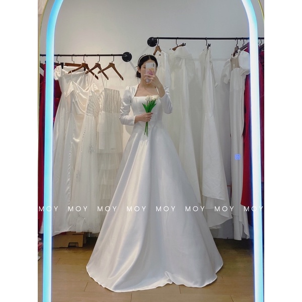 Váy dài phi trơn cổ vuông tay dài- Váy cưới, đầm cưới thiết kế đi bàn, chụp ảnh đơn giản nhẹ nhàng, sang trọng-H397