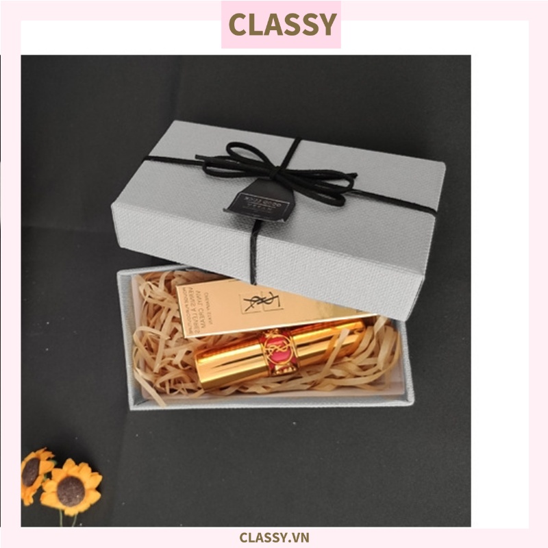 Hộp bìa cứng giấy art Classy gắn dây nơ & nhãn thankyou rất sang kích thước 13x7x5cm Q605