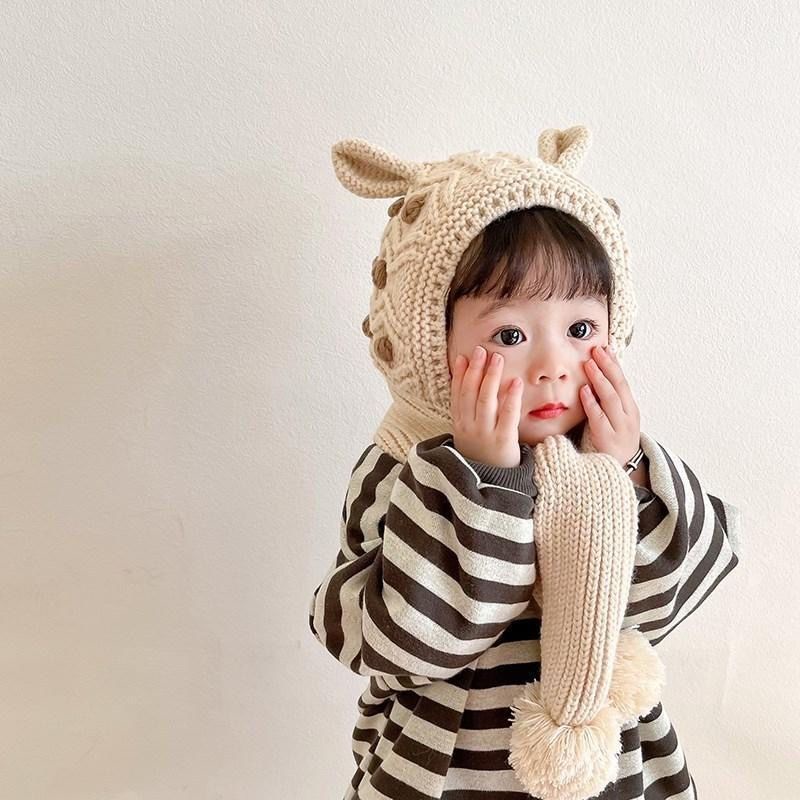 Mũ Len Kèm Khăn Choàng Một Mảnh Giữ Ấm Tai Phong Cách Hàn Quốc Cho Bé Gái
