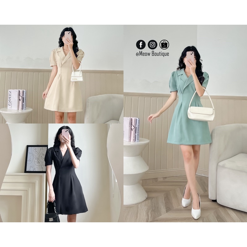 Đầm công sở cổ vest hai lớp tay ngắn Meow Boutique