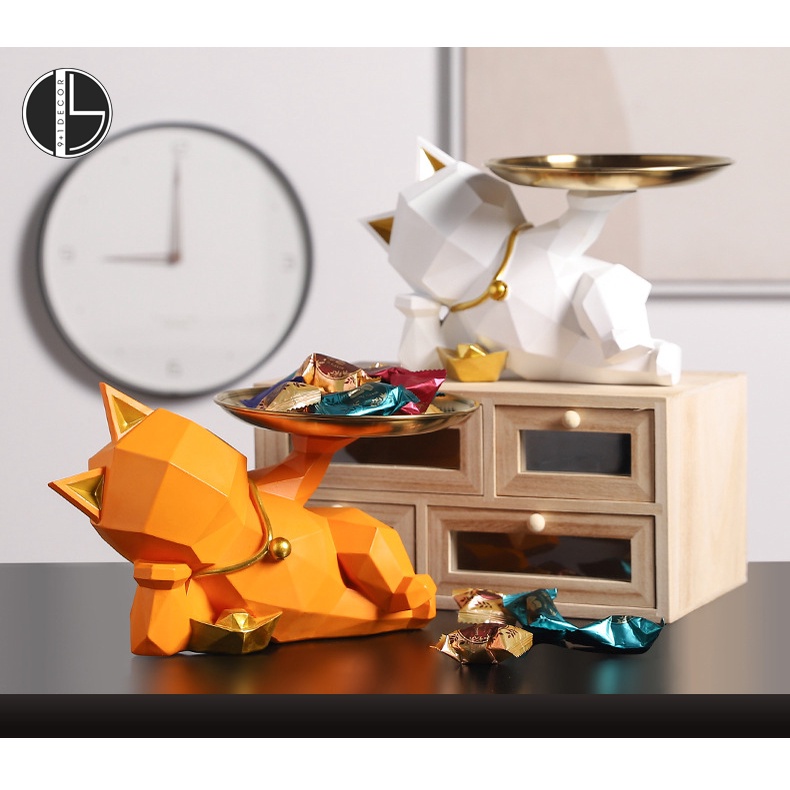 Tượng Mèo thần tài hình học bưng đĩa phong cách Bắc Âu sang trọng trang trí để bàn