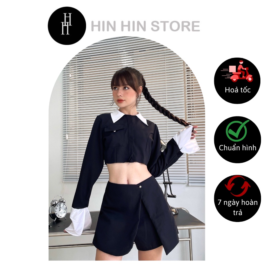 Set ngắn áo croptop cổ sơ mi tay dài phối kèm quần váy ngắn HS138 Hỉn Hỉn Store