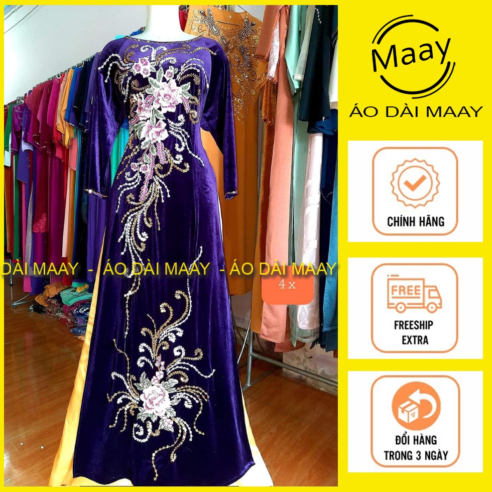 Áo dài nhung trung niên đính kết cổ tròn tay lỡ tặng bà tặng mẹ