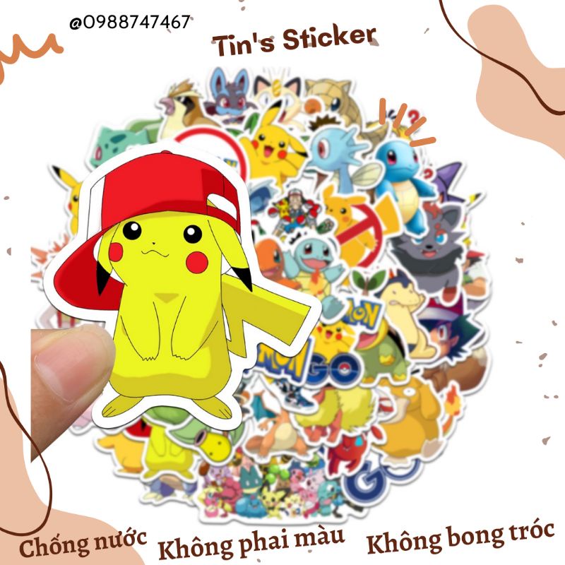 Set combo 50 sticker Pokemon chống thấm nước dán nón mũ bảo hiểm đàn guitar xe máy sổ sách