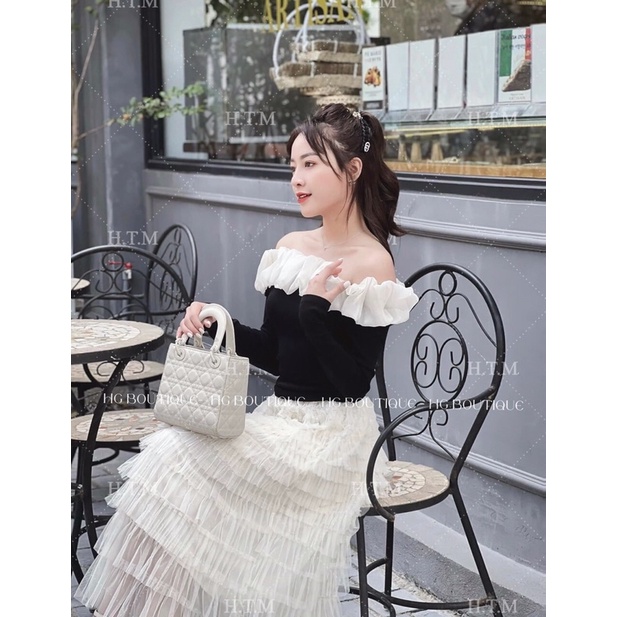 Áo kiểu tay dài trễ vai phối lưới thời trang cho nữ