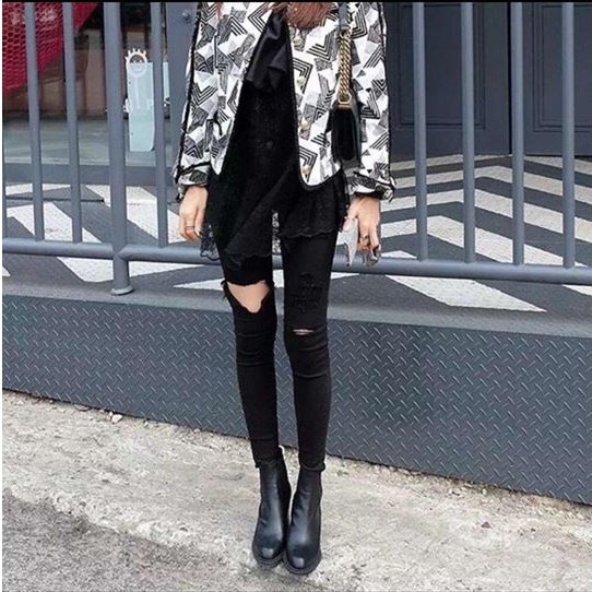 Quần jean bò nữ Skinny cạp lưng cao co dãn bó rách ĐÙI trơn xu hướng Hàn Quốc màu đen - trắng cao cấp