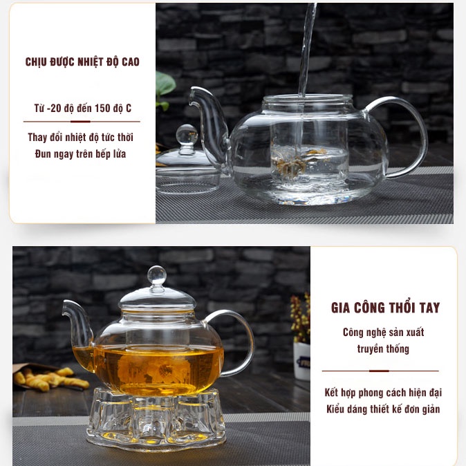 Ấm pha trà thủy tinh chịu nhiệt 600ml, Có lõi lọc trà bằng thủy tinh.