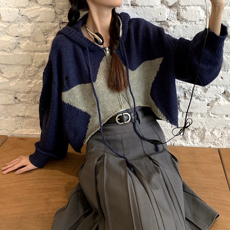 Áo Khoác cardigan Có Nón Họa Tiết Ngôi Sao Màu Sắc Tương Phản Thời Trang Cho Nữ