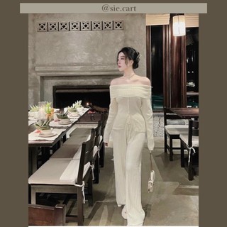 Set áo len đũa bẹt vai trắng kem