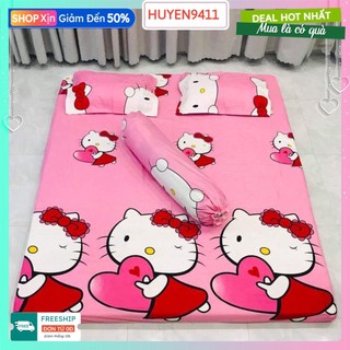 Bộ ga gối 4 món có kèm vỏ gối ôm,vải cotton poly[1m6x2m,1m8x2m]mẫu kitty ôm tim