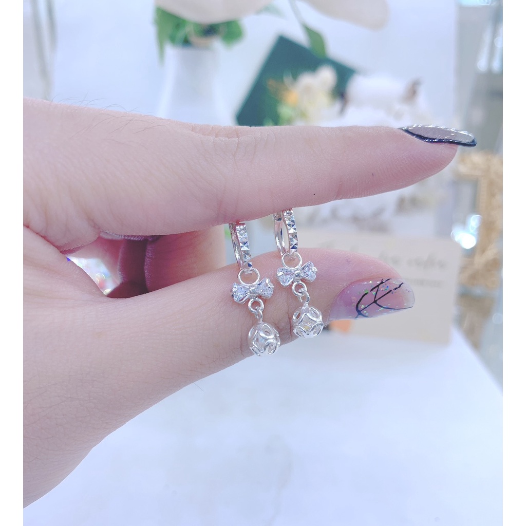 Khuyên Tai Bạc Bé Gái Tòn Ten Nơ Châu - Bông tai bạc cho bé ( Bạc 925)