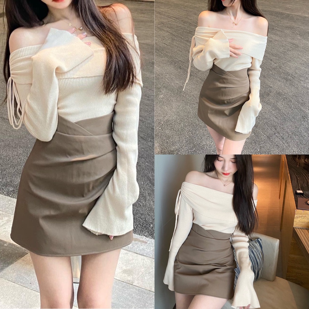 : 💎Set Áo Len TĂm Trễ Vai Mĩ Chân Váy Tuyết Mưa Có Quần Bảo hộ [LOLLA_YE_FASHION]