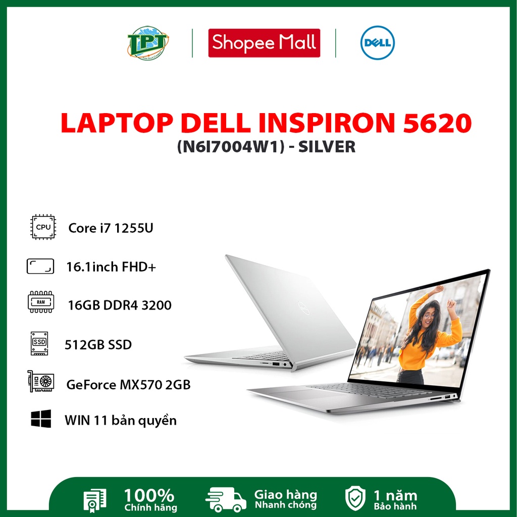 Laptop Dell Inspiron 5620 N6I7004W1 (Core i7 - 1255U | 16GB | 512GB | MX570 2GB | 16inch FHD+ | Win 11 | Office | Bạc)