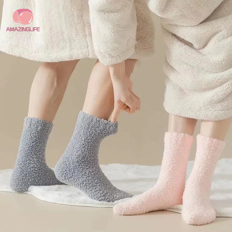 Vớ Lông Cừu San Hô Dày Dặn Màu Sắc Đơn Giản Giữ Ấm Mùa Đông Cho Nữ