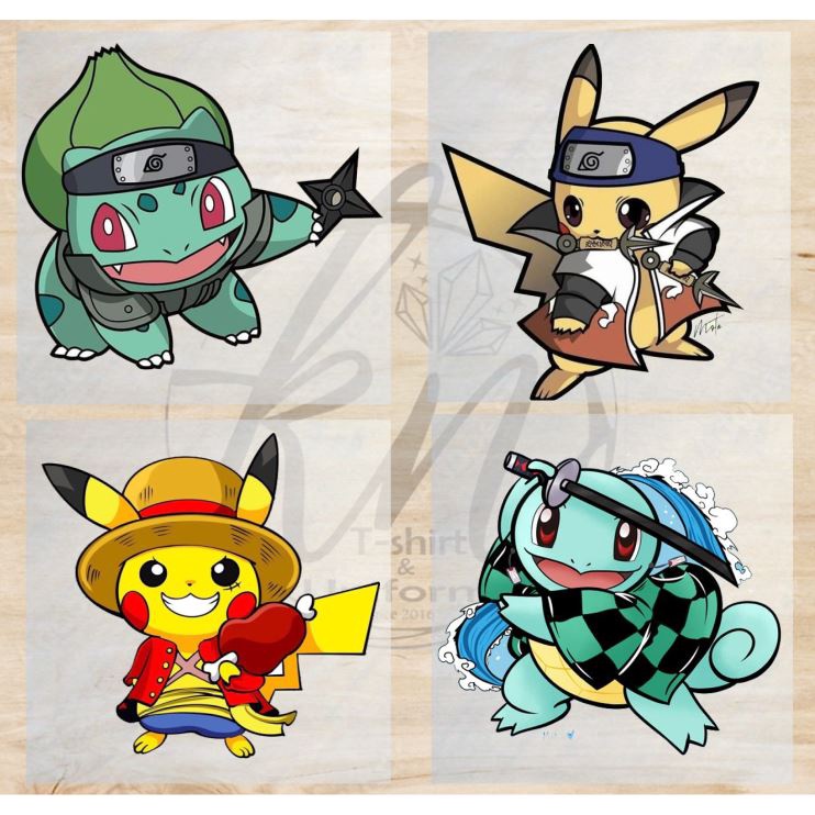 sticker dán áo ủi nhiệt to ạnime pokemon, hình in áo ủi nhiệt hình to lên áo màu trắng