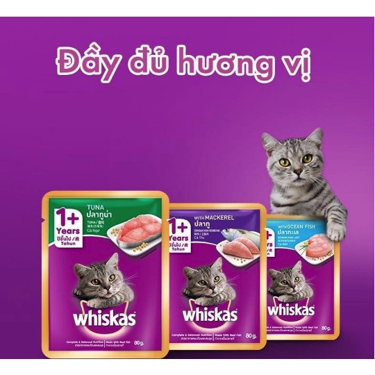 Combo 3 gói Pate WHISKAS cho mèo con, pate mèo trưởng thành gói 80g (1 gói)