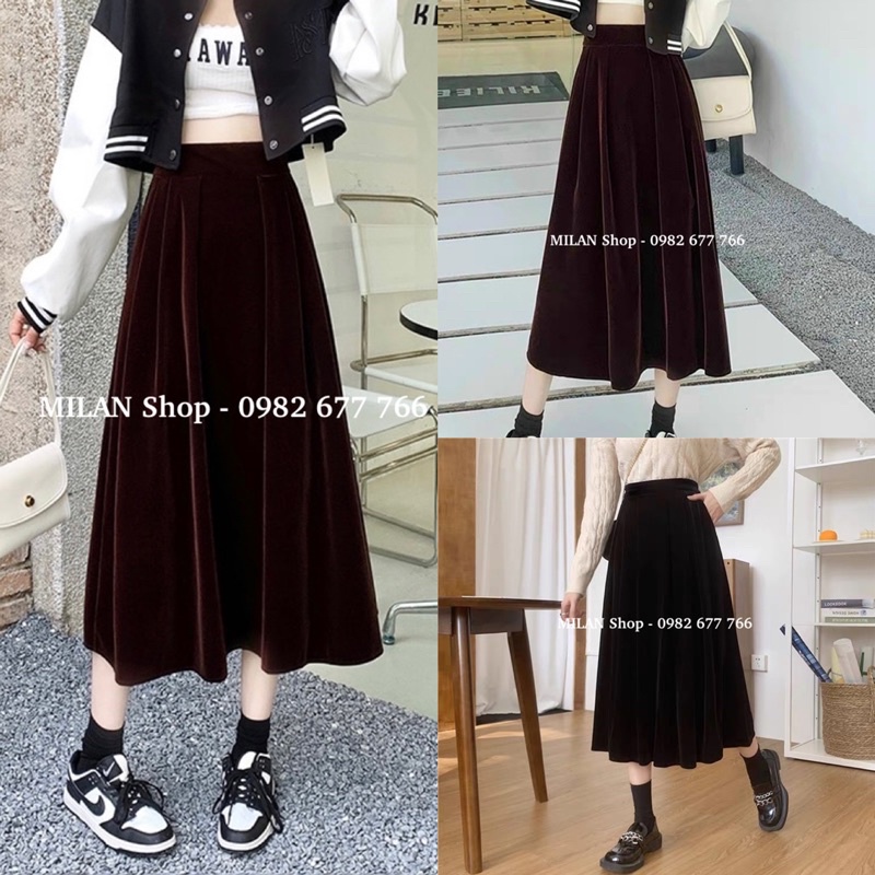 Chân váy nhung dài dáng xoè có 2 túi sườn sang chảnh