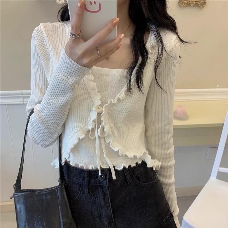 Áo Cardigan croptop tay dài Áo Khoác ôm body kiểu nhẹ nhàng Áo len bèo cột dây ngực Áo Kiểu ulzzang Phong Cách Hàn Quốc