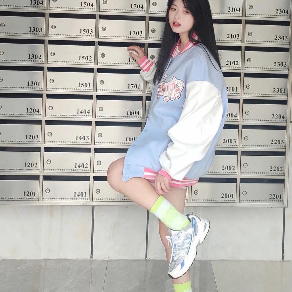 Áo jacket thêu hoa phối màu phong cách Hàn Quốc áo khoác trang phục bóng chày nữ sinh cổ đứng áo học sinh instagram