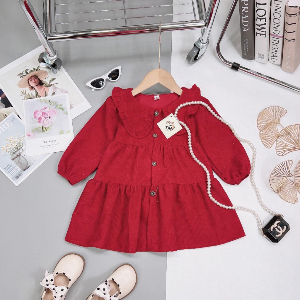 Váy Nhung Tăm Gân Dày Dặn Mềm Mại Thu Đông Dành Cho Bé Gái 10-18kg